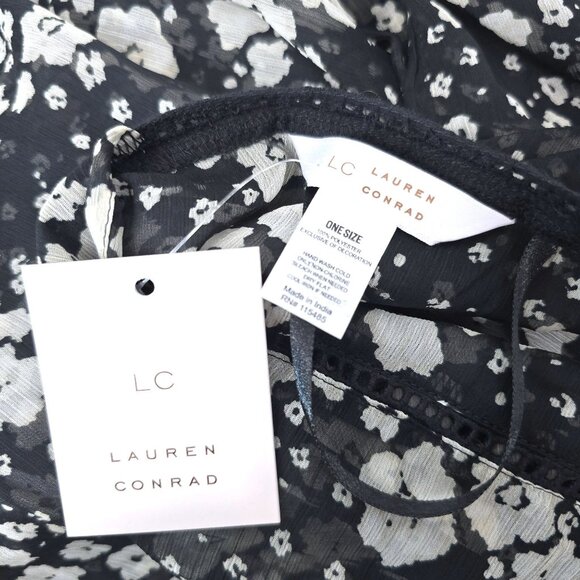 NWT LC LAuren COnrad Black White Floral Open Front Flowy BOho KImono Cardigan OS - Picture 10 of 10